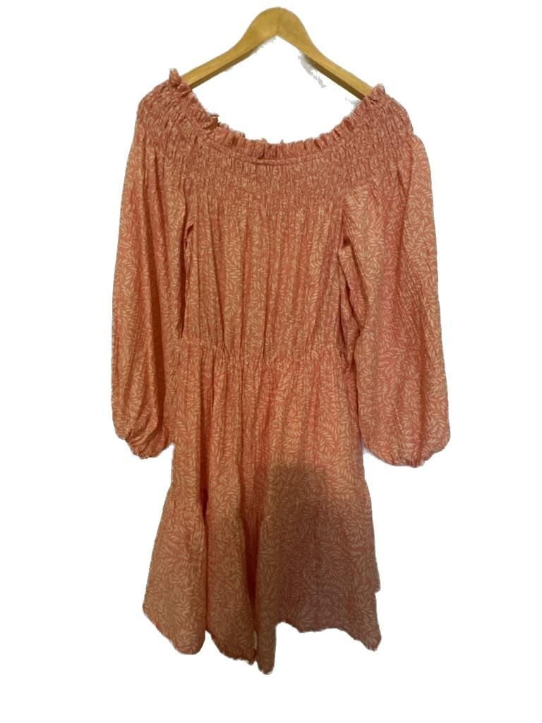 EUC H&M Women's Peach & Cream floral Off-the-Shoulder Long Sleeve Mini Dress, M 2