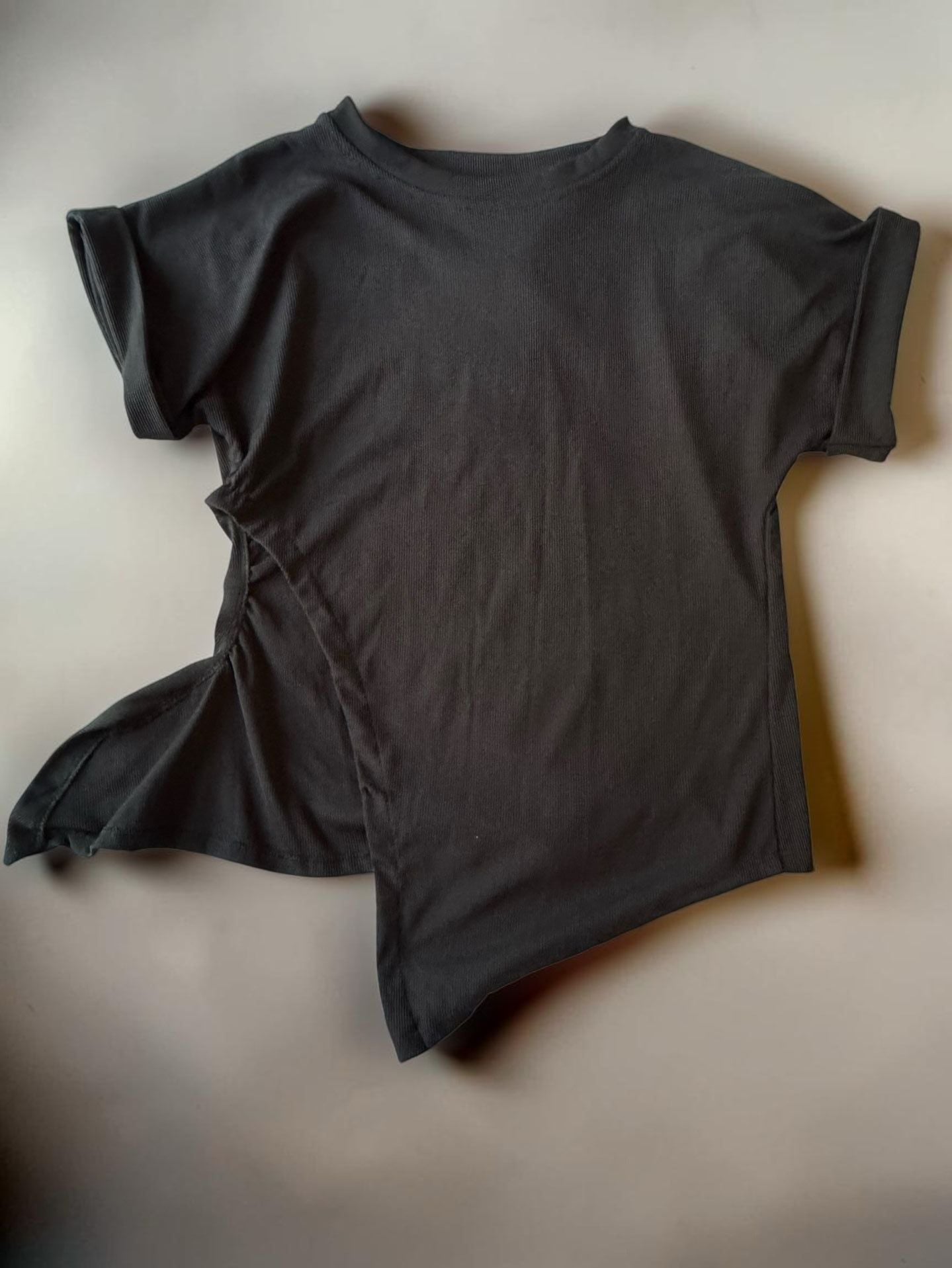 Black Ribbed Wrap Front Short Sleeve Top 1