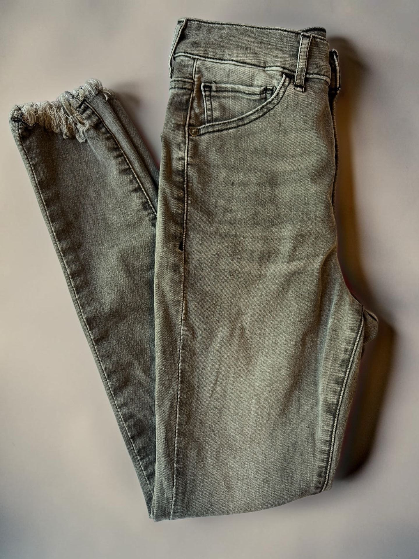 Express High Rise Hyper Stretch Skinny Jeans with Raw Hem, Grey 2