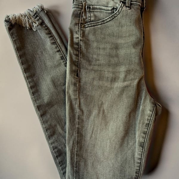 Express High Rise Hyper Stretch Skinny Jeans with Raw Hem, Grey