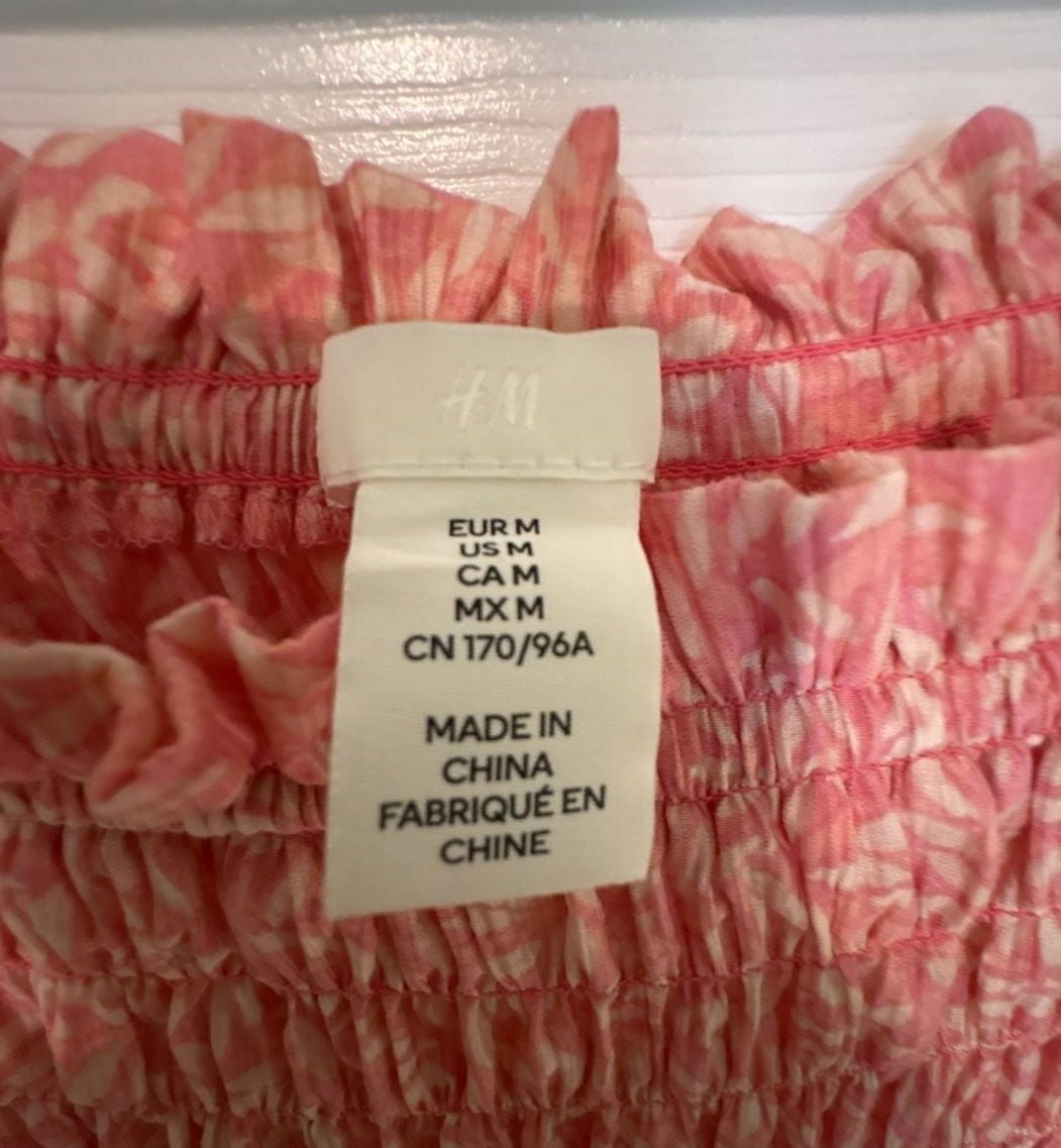 EUC H&M Women's Peach & Cream floral Off-the-Shoulder Long Sleeve Mini Dress, M 3