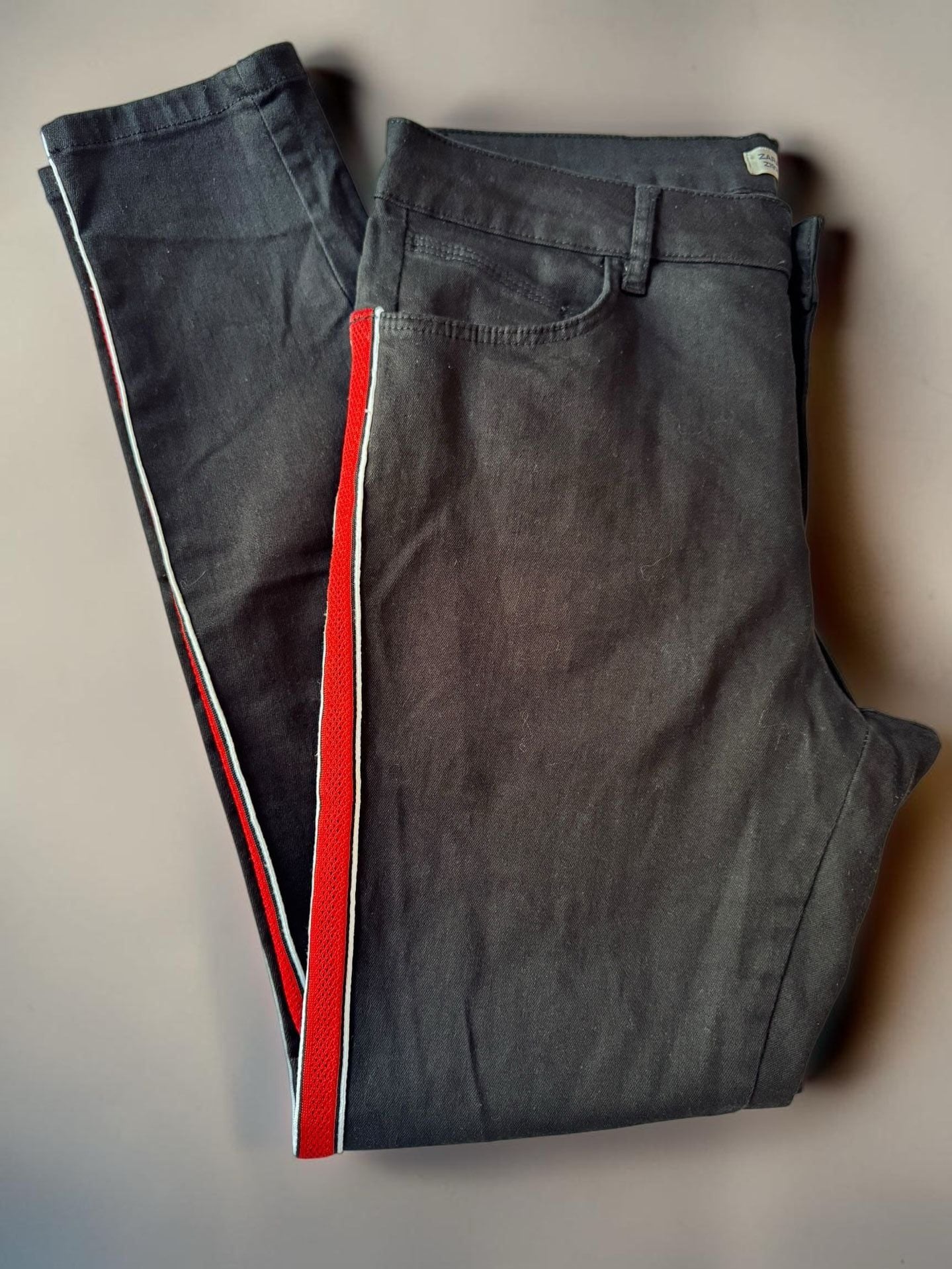 Zara Basic Z1975 Denim Black Skinny Jeans with Red and White Side Stripe 2