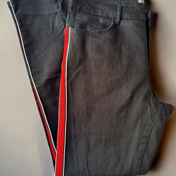 Zara Basic Z1975 Denim Black Skinny Jeans with Red and White Side Stripe