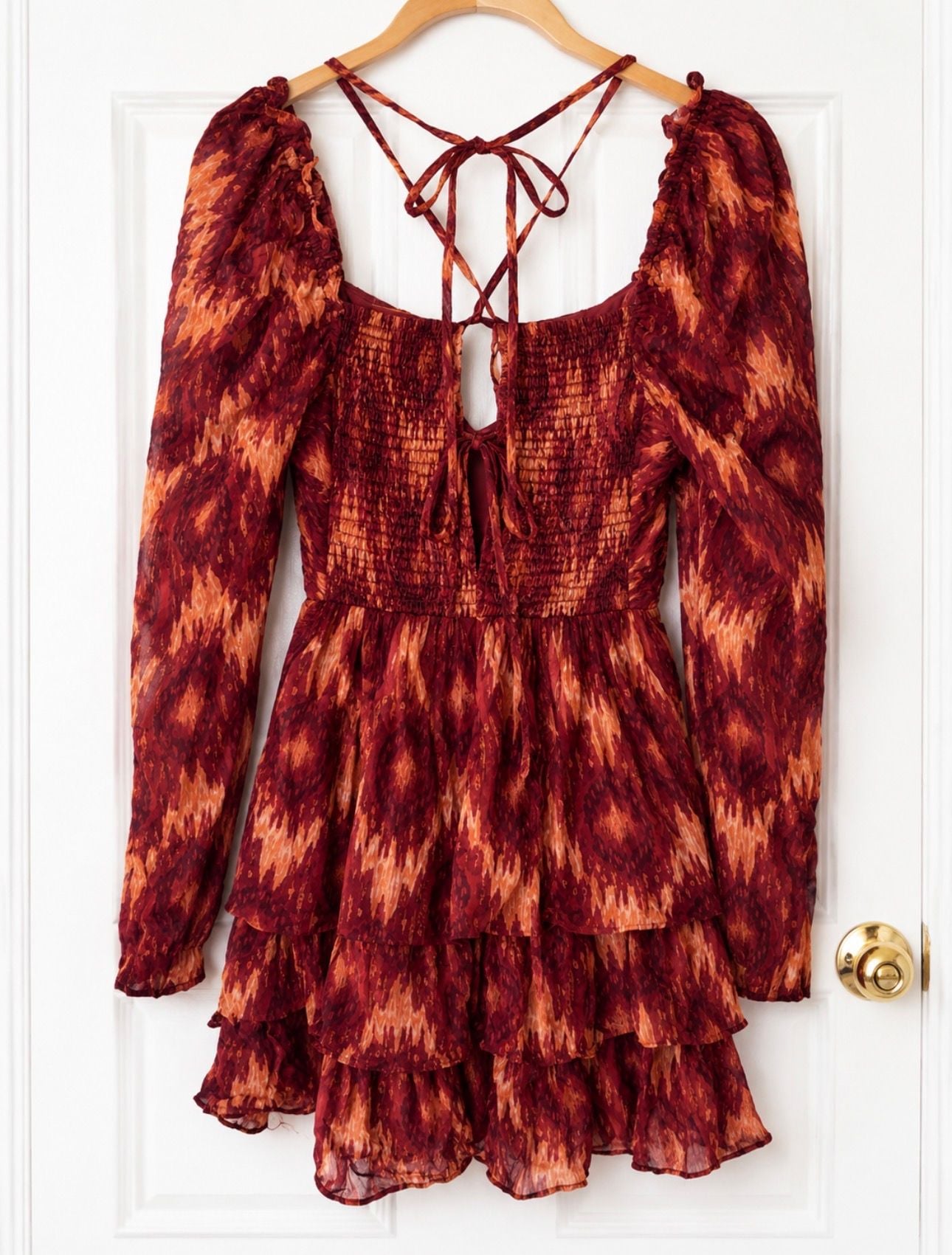 House of Harlow 1960 x REVOLVE Ikat Tiered Mini Dress Burgundy Gold M 2