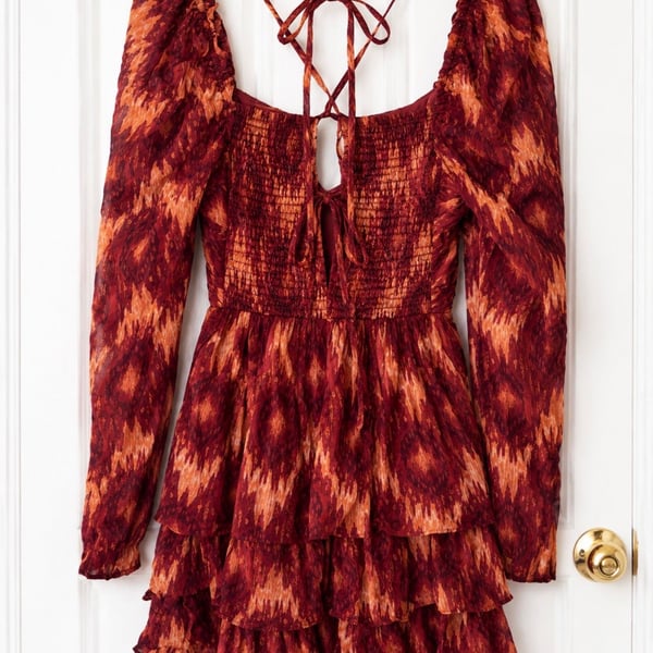 House of Harlow 1960 x REVOLVE Ikat Tiered Mini Dress Burgundy Gold M
