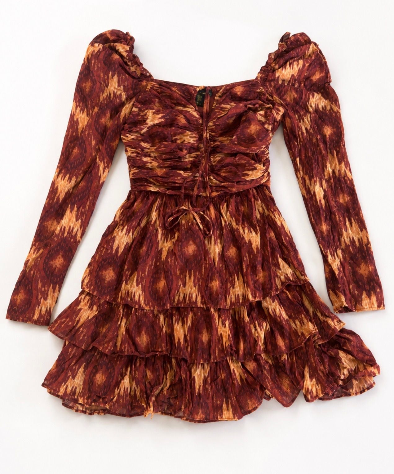 House of Harlow 1960 x REVOLVE Ikat Tiered Mini Dress Burgundy Gold M 3