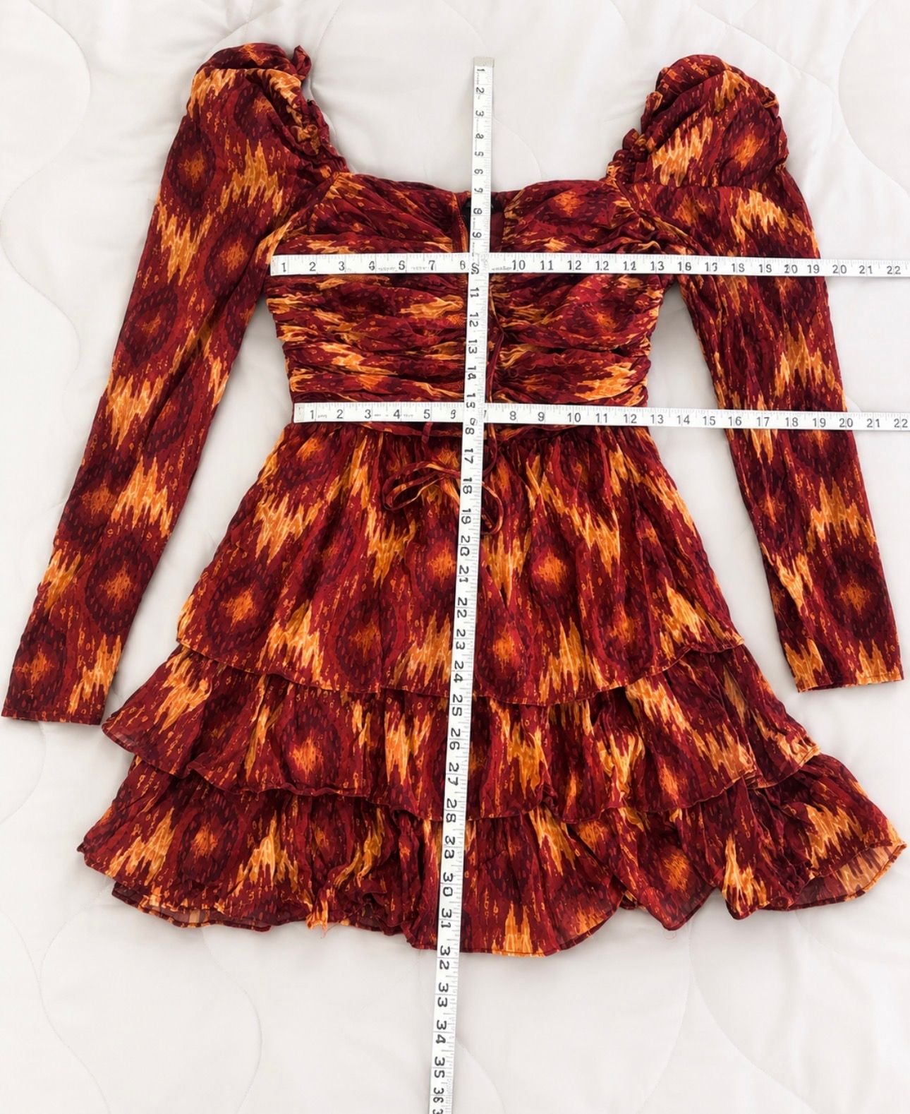 House of Harlow 1960 x REVOLVE Ikat Tiered Mini Dress Burgundy Gold M 4