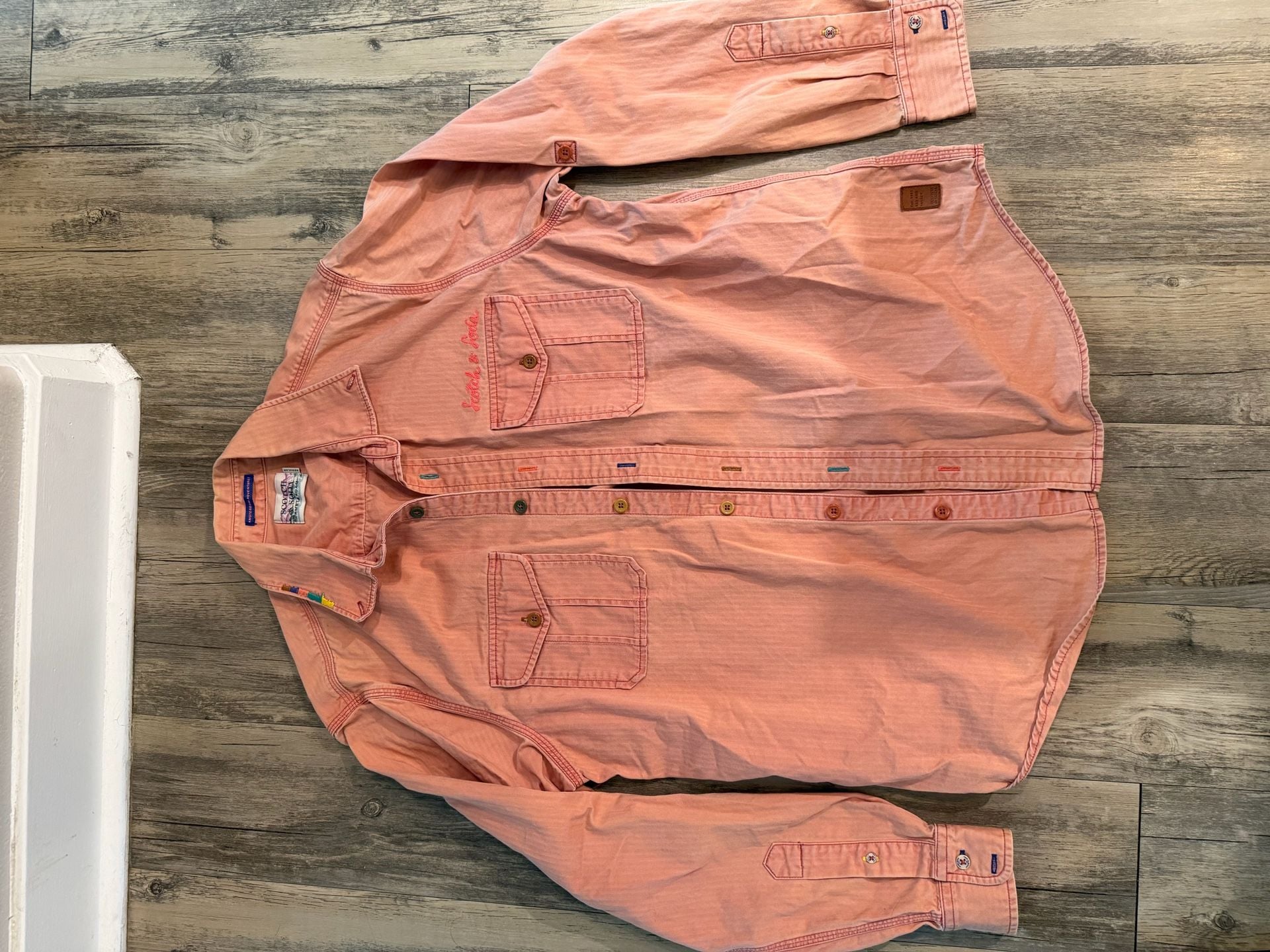 Scotch & Soda Amsterdam Adventure Salmon Pink Herringbone Long Sleeve Button-Down Shirt 2