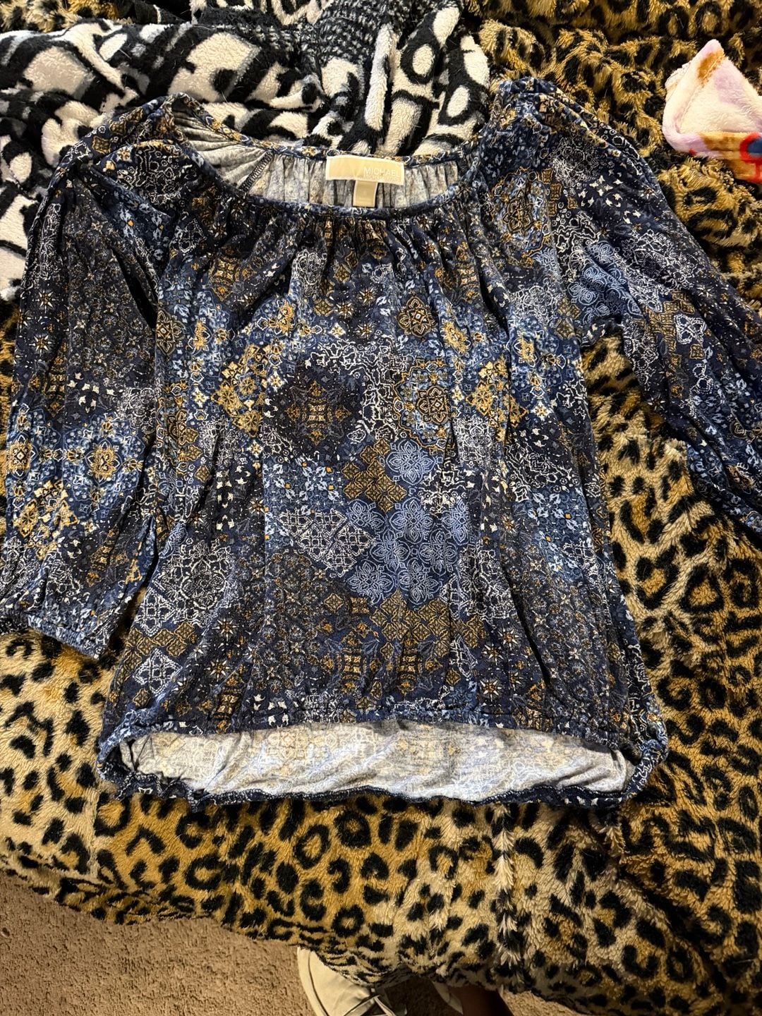 Michael Kors Women's Blue Paisley Print Long Sleeve Peasant Blouse 1