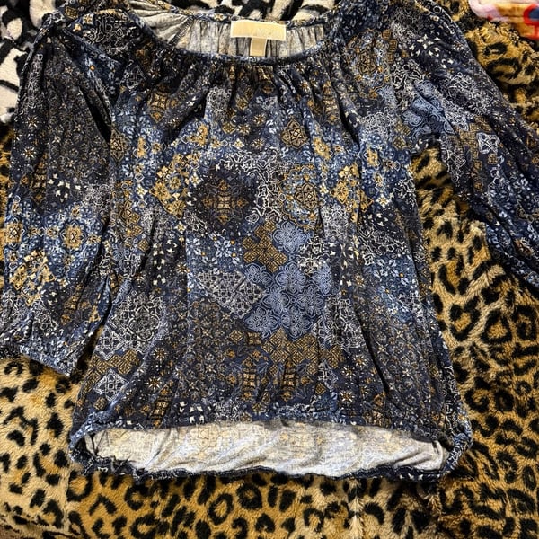 Michael Kors Women's Blue Paisley Print Long Sleeve Peasant Blouse