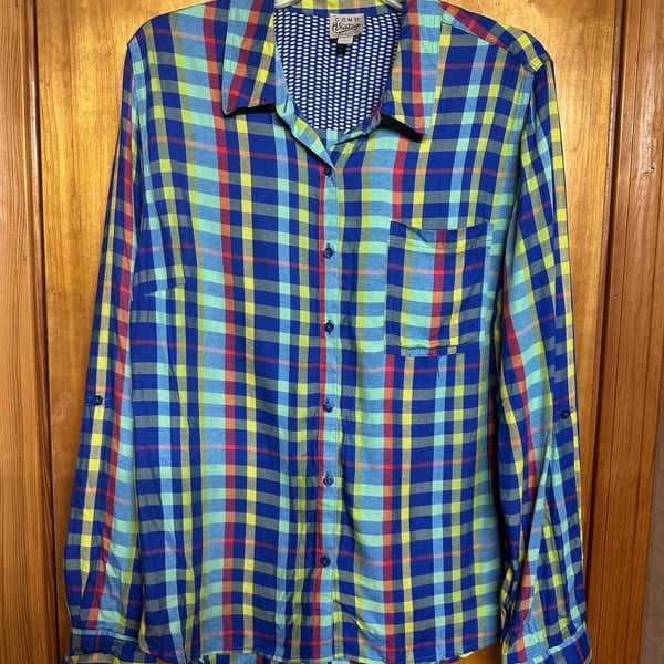 Como Vintage Luxe Rayon Colorful Plaid Long Sleeve Button-Down Shirt