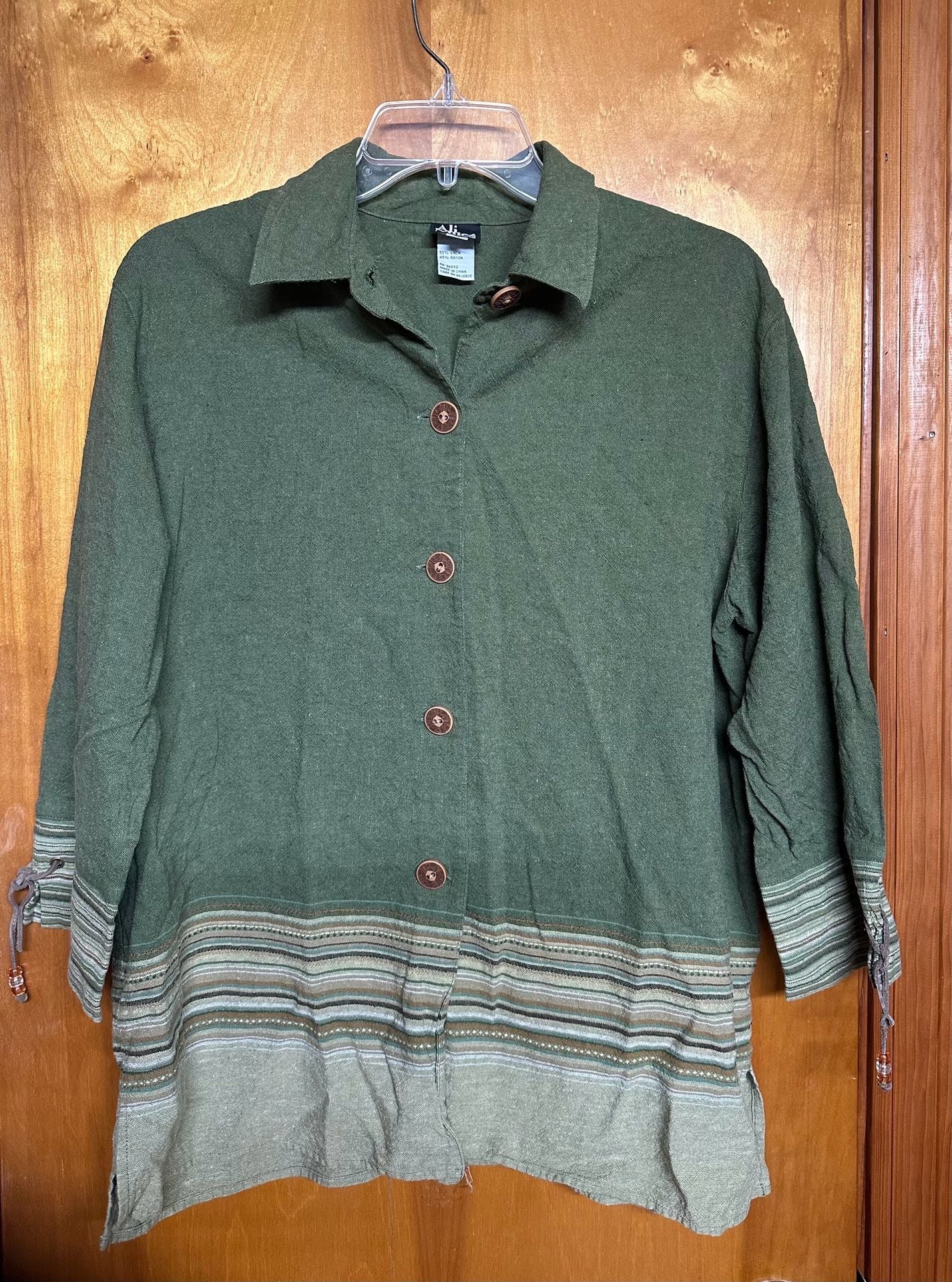 Ali Miles Women's Green Linen Blend Boho Button-Down Shirt Striped Hem Beaded Cuff Ties 2
