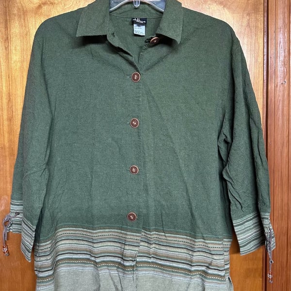 Ali Miles Women's Green Linen Blend Boho Button-Down Shirt Striped Hem Beaded Cuff Ties