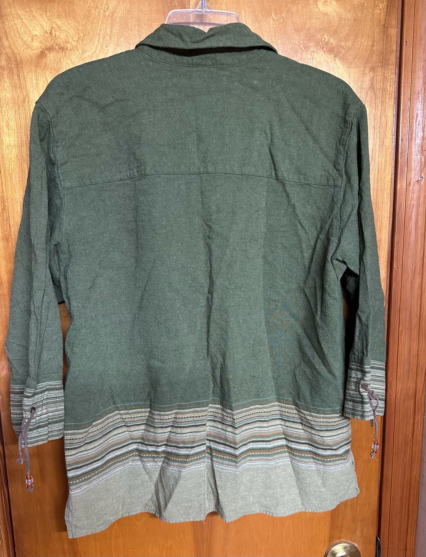 Ali Miles Women's Green Linen Blend Boho Button-Down Shirt Striped Hem Beaded Cuff Ties 3