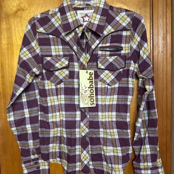 Sohobabe Women's Purple and Yellow Plaid Western-Style Button-Down Shirt