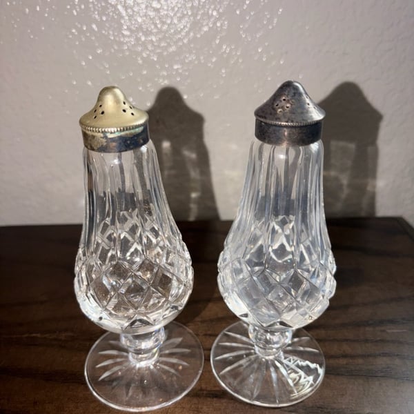 Waterford Lismore Cut Crystal Footed Salt and Pepper Shakers with Metal Tops