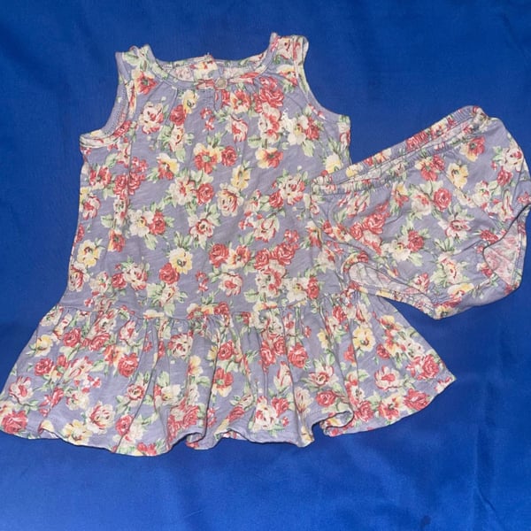 Sz 6M Ralph Lauren Baby Girls Floral Cotton Jersey Ruffle Hem Dress with matching Bloomers