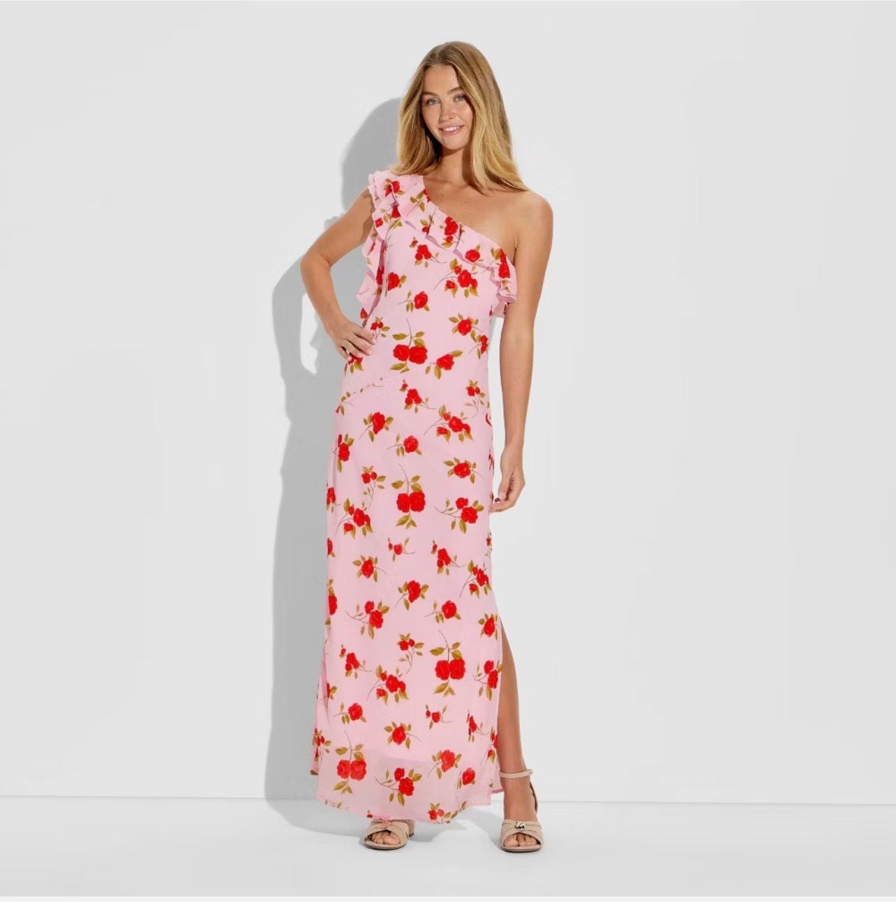 Wild Fable Women's One-Shoulder Ruffle Maxi Dress in Pink Floral Print 9