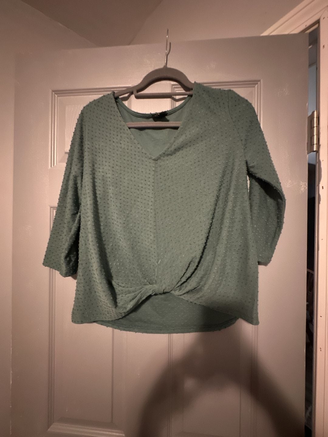W5 Green Textured Swiss Dot V-Neck Twist Front Top 1