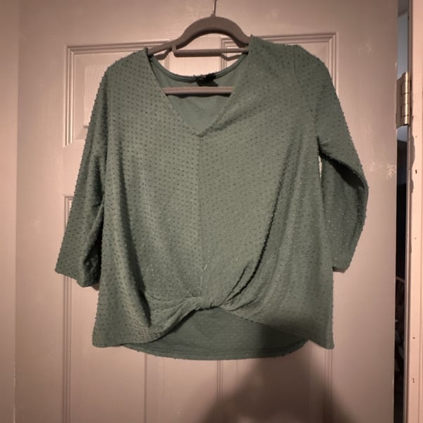 W5 Green Textured Swiss Dot V-Neck Twist Front Top