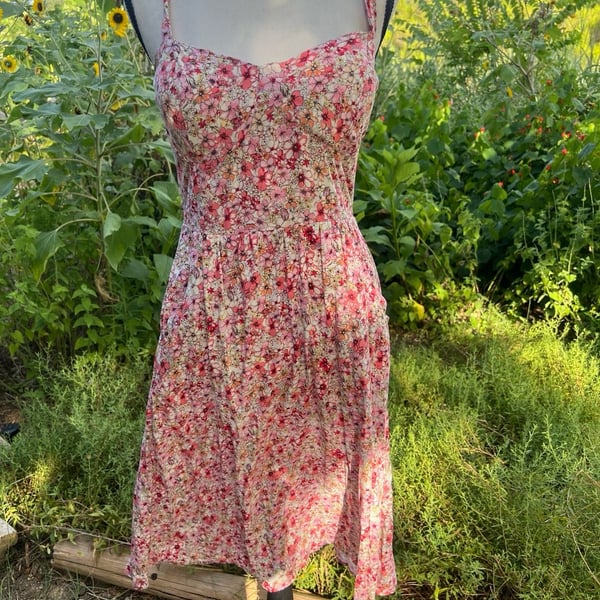 Auu Floral Print Smocked Fit and Flare Midi Dress with Adjustable Straps