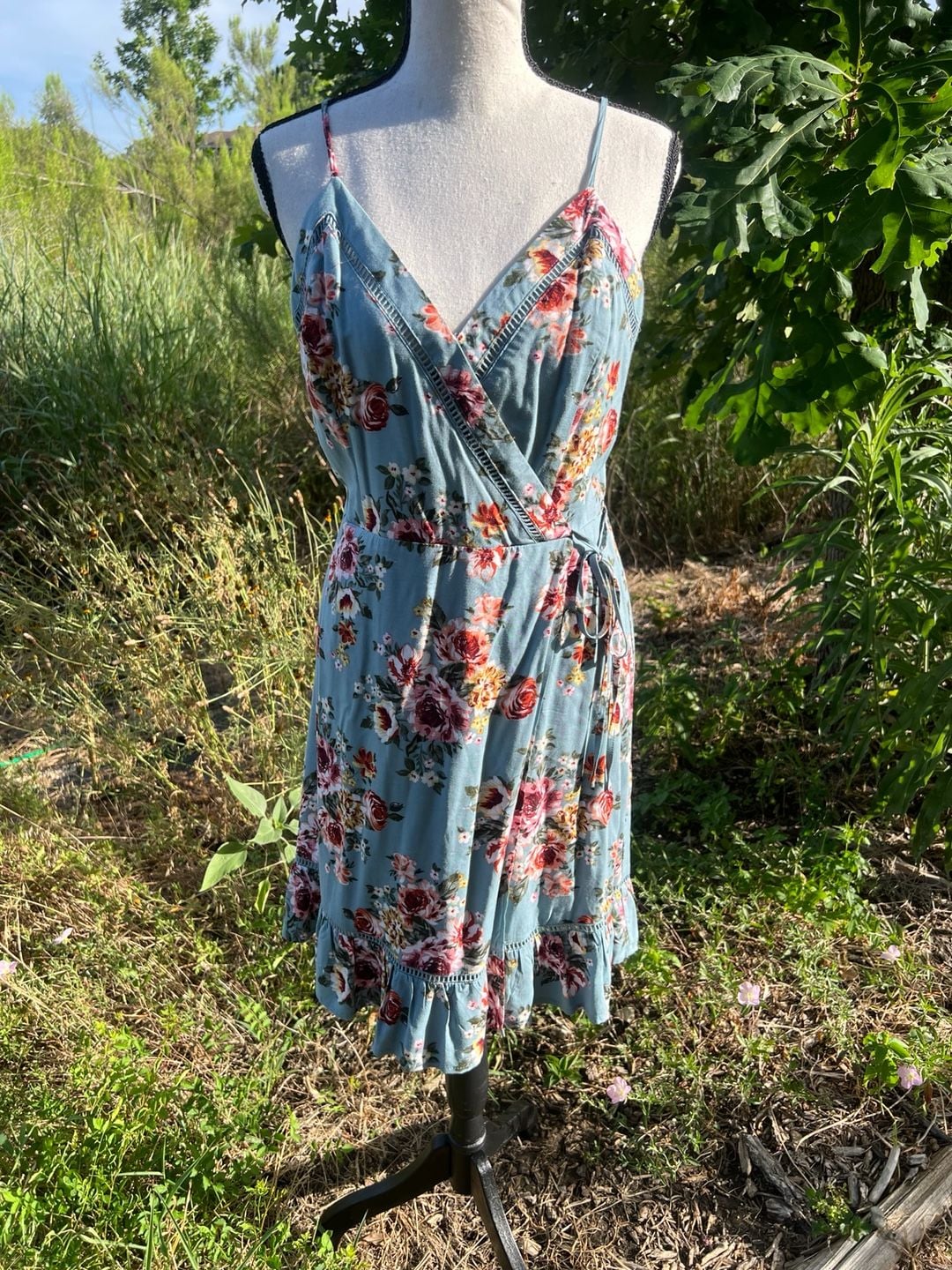 B.O.G. Collective Blue Floral Spaghetti Strap Wrap-Style Sundress 2