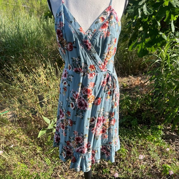 B.O.G. Collective Blue Floral Spaghetti Strap Wrap-Style Sundress