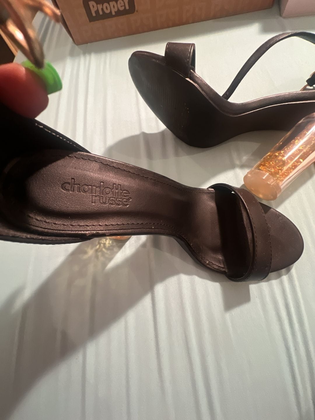 Charlotte Russe black sandal with gold confetti heel size 7 2
