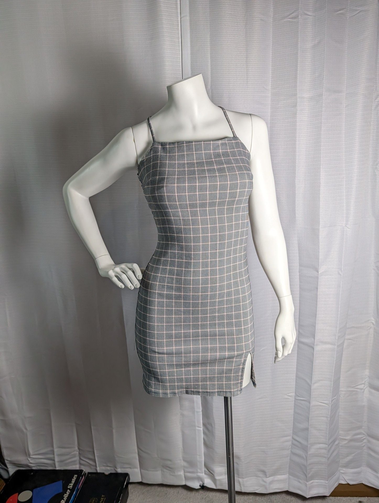 Garage Plaid Spaghetti Strap Mini Dress with Lace-Up Back and Side Slit 2