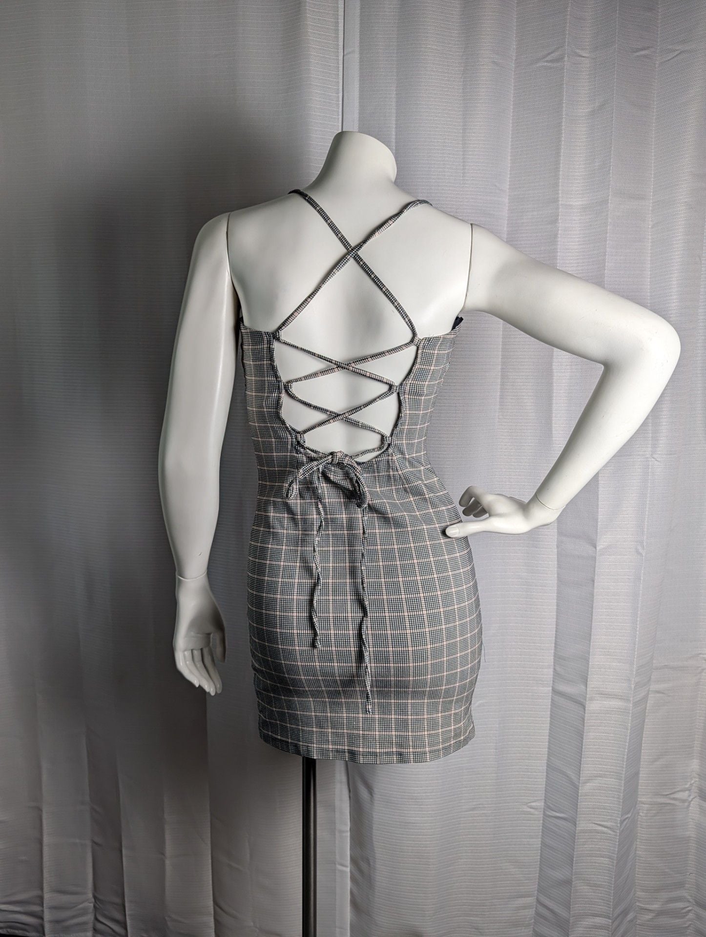 Garage Plaid Spaghetti Strap Mini Dress with Lace-Up Back and Side Slit 3