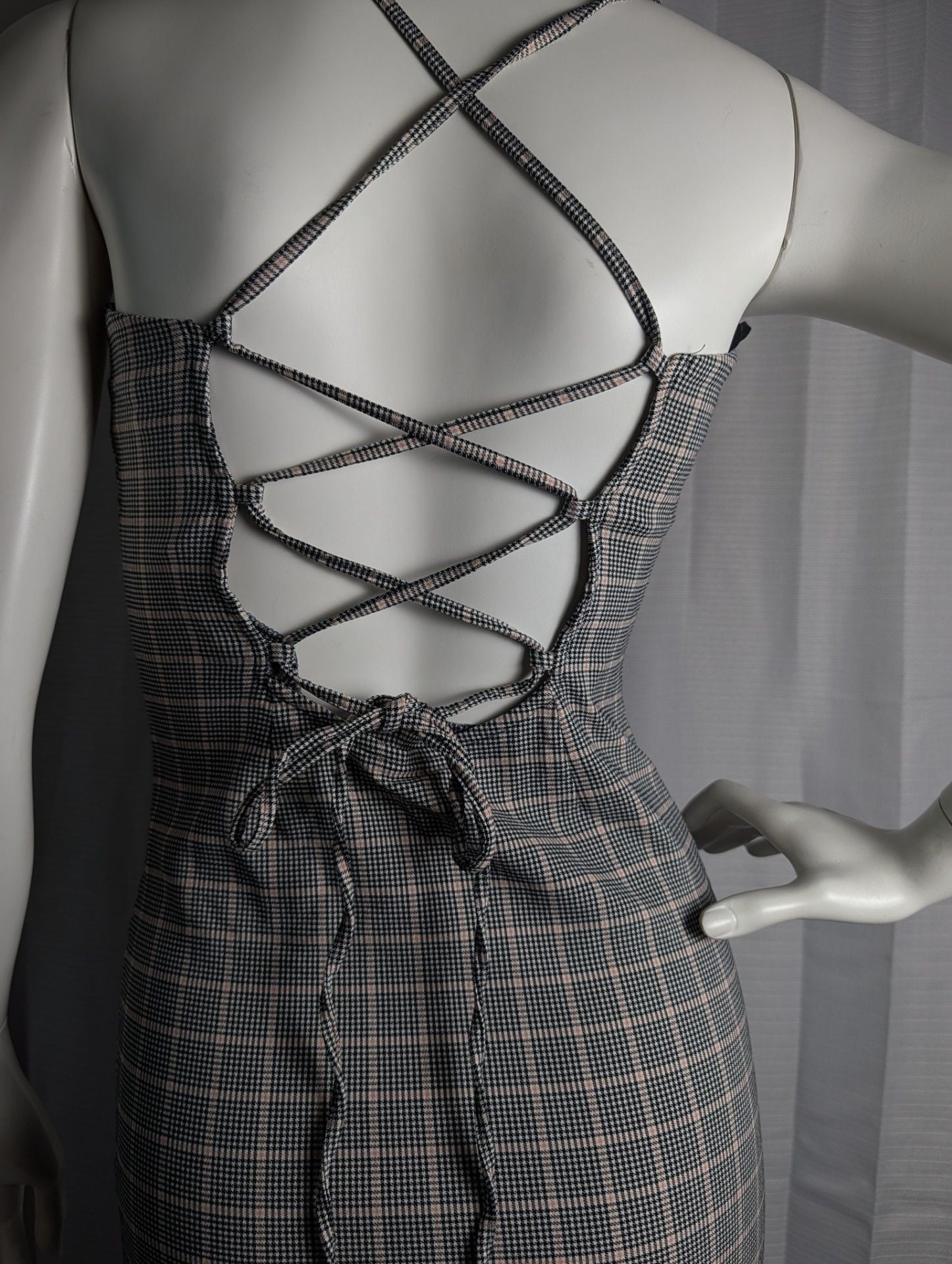 Garage Plaid Spaghetti Strap Mini Dress with Lace-Up Back and Side Slit 5