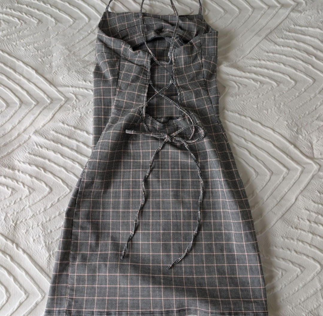 Garage Plaid Spaghetti Strap Mini Dress with Lace-Up Back and Side Slit 6