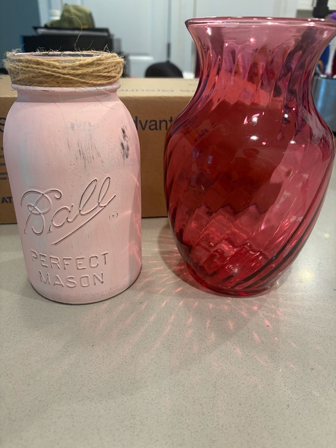 Ball Perfect Mason Jar HandPainted Distressed Pink with Twine and Glass Vase Set 1