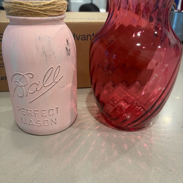 Ball Perfect Mason Jar HandPainted Distressed Pink with Twine and Glass Vase Set