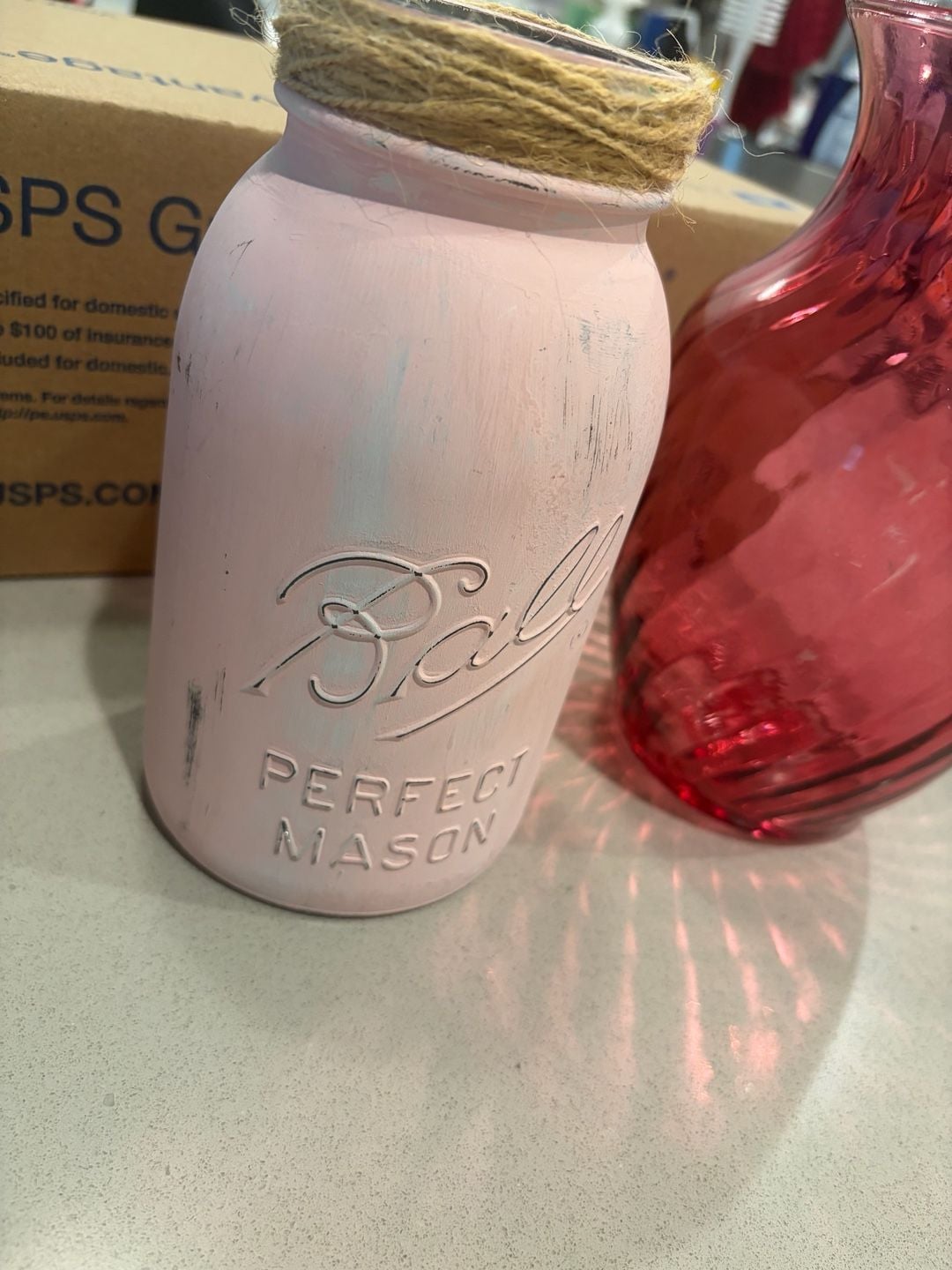 Ball Perfect Mason Jar HandPainted Distressed Pink with Twine and Glass Vase Set 2