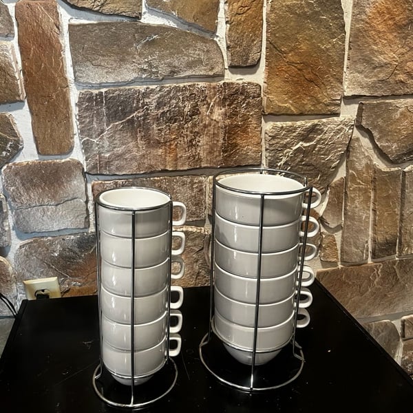 Stackable Porcelain Coffee Mug Set with Chrome Metal Stands, 12-Piece Total