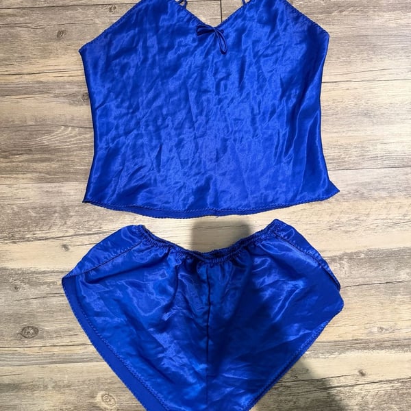 Vintage Avon Fashions Blue Satin Camisole and Shorts Lingerie Pajama Set