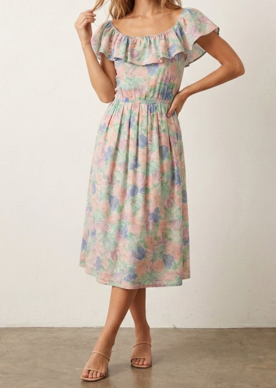 1980s Lanz Originals Garden Floral Dress in Pastel Watercolor 2