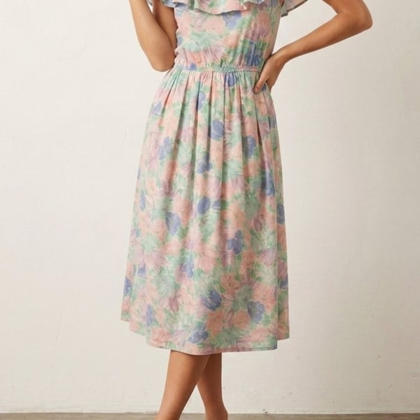 1980s Lanz Originals Garden Floral Dress in Pastel Watercolor