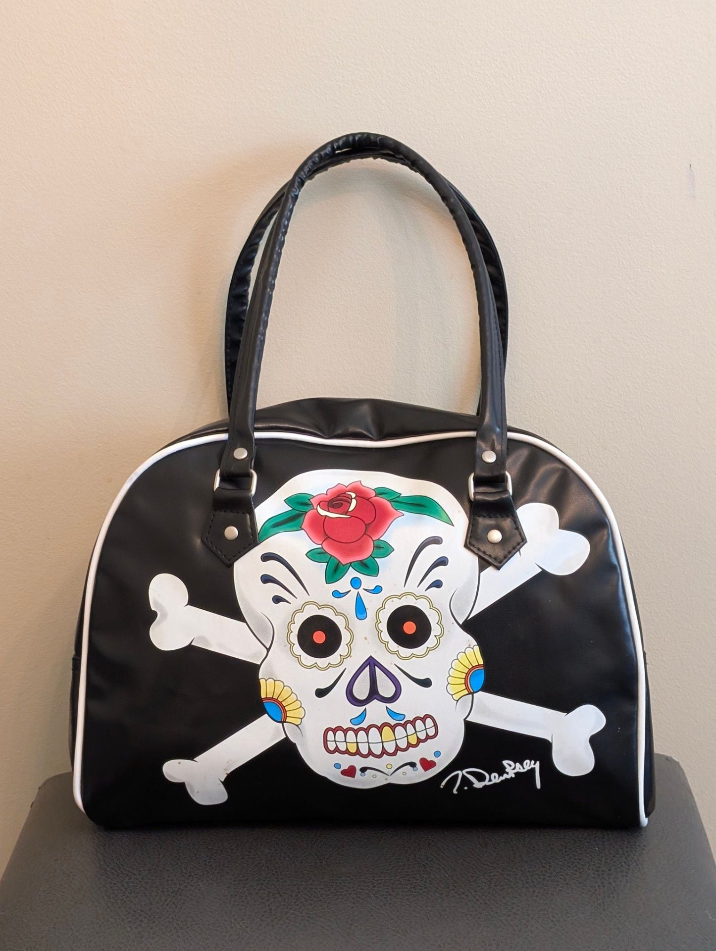 J. Dempsey Sugar Skull & Rose Pattern Bowler Handbag 2