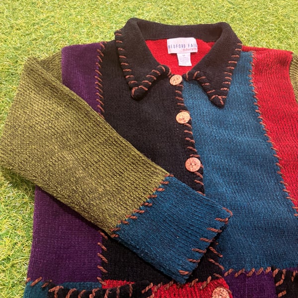 Bedford Fair Lifestyles Vintage Multicolor Patchwork Cardigan Sweater