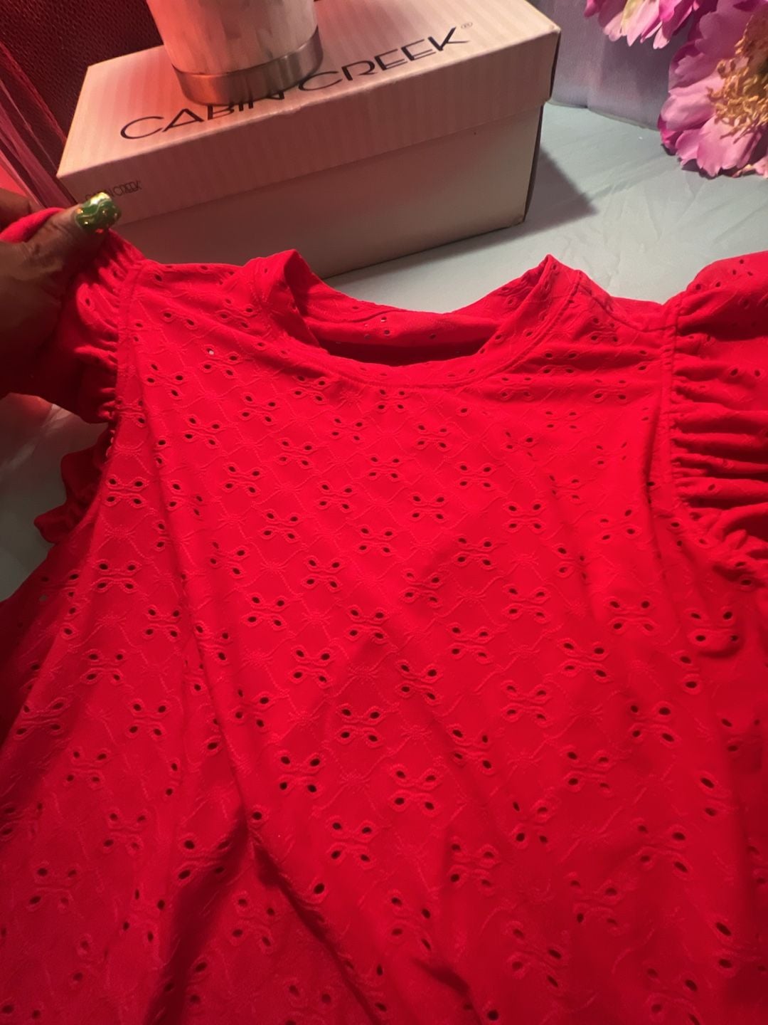 Emery Rose Red Eyelet Ruffle Sleeve Top 2