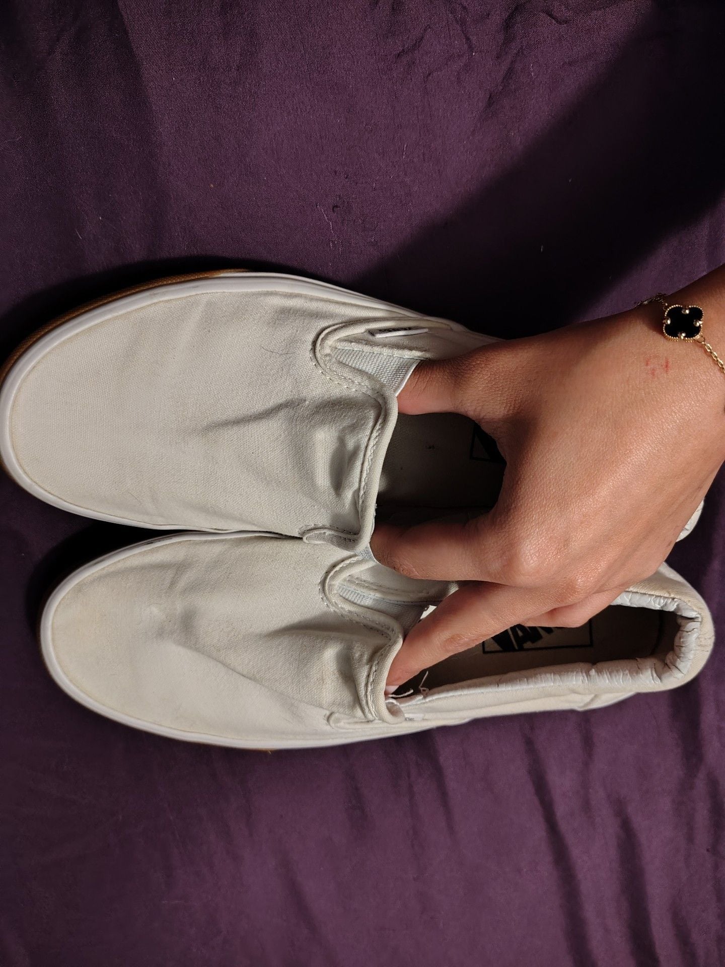 Vans Classic Slip-On White Canvas Sneakers with Gum Sole 1