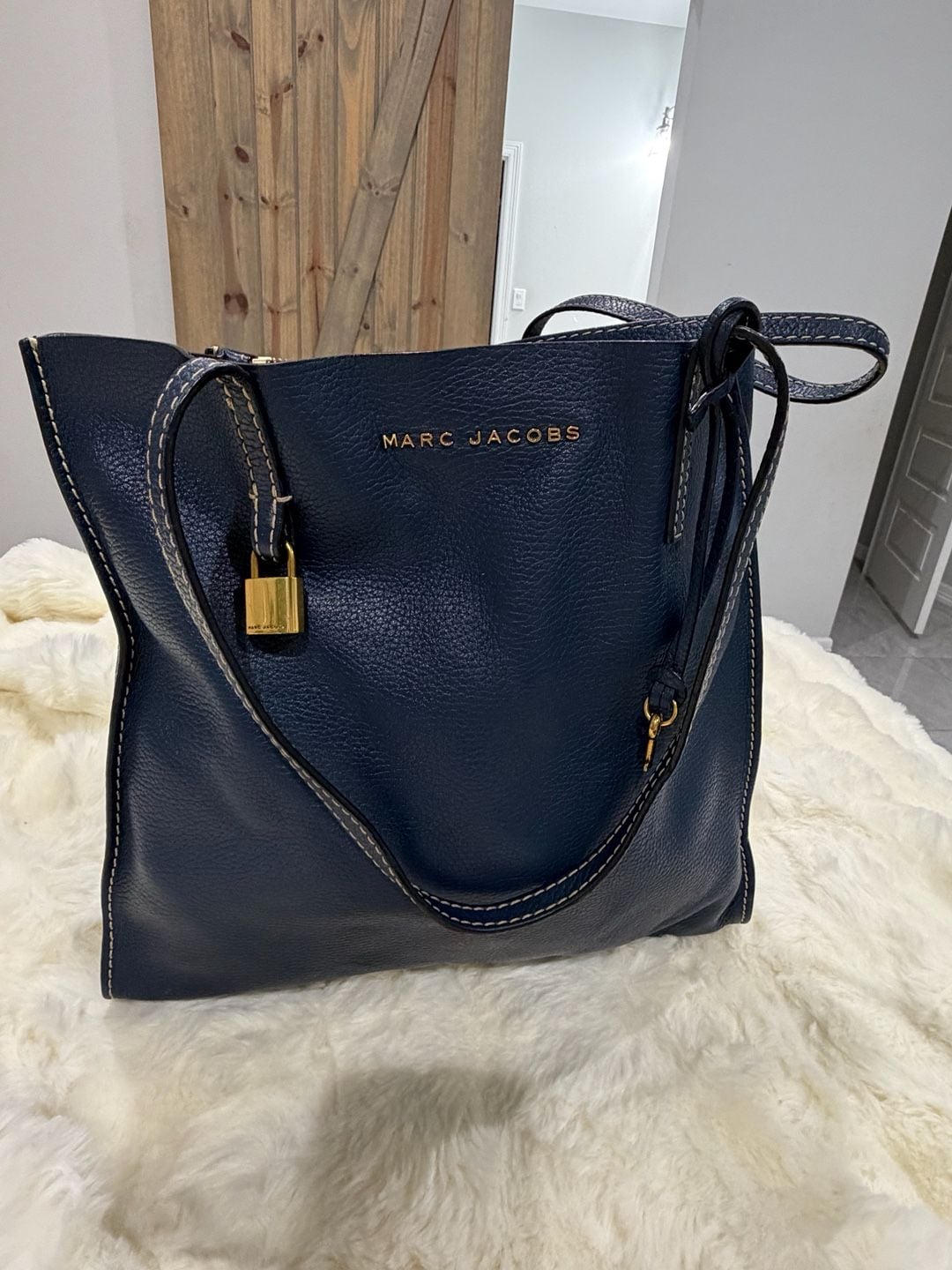 Marc Jacobs Navy Blue Pebbled Leather Tote with Gold Lock Charm 1