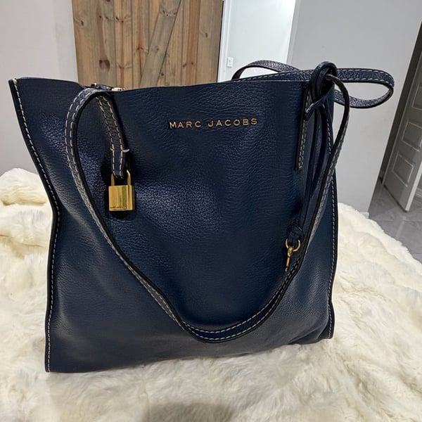Marc Jacobs Navy Blue Pebbled Leather Tote with Gold Lock Charm