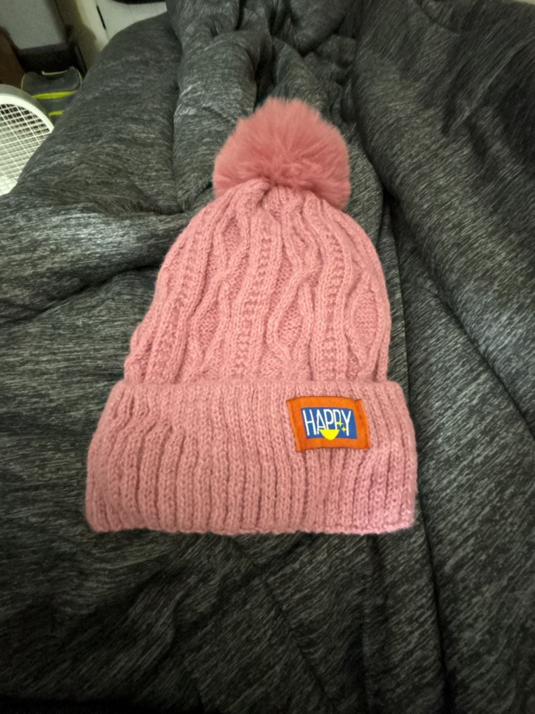 Hatastic Happy Embroidered Cable Knit Faux Fur Pom Pom Beanie 2