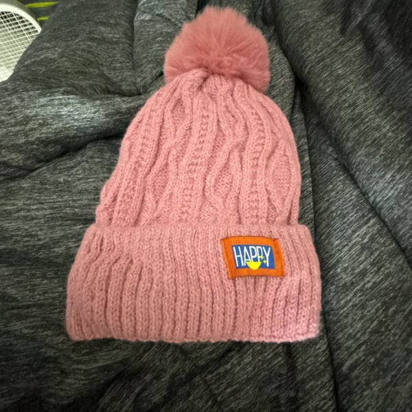 Hatastic Happy Embroidered Cable Knit Faux Fur Pom Pom Beanie
