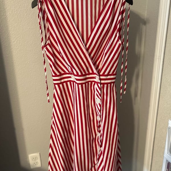 Voodoo Vixen Red and White Striped Sleeveless Wrap-Front Dress