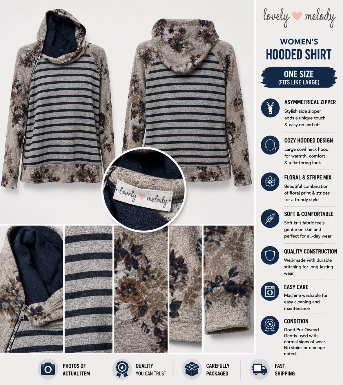Lovely Melody Women's Floral and Stripe Print Asymmetrical Zipper Cowl Neck Hooded Shirt 1