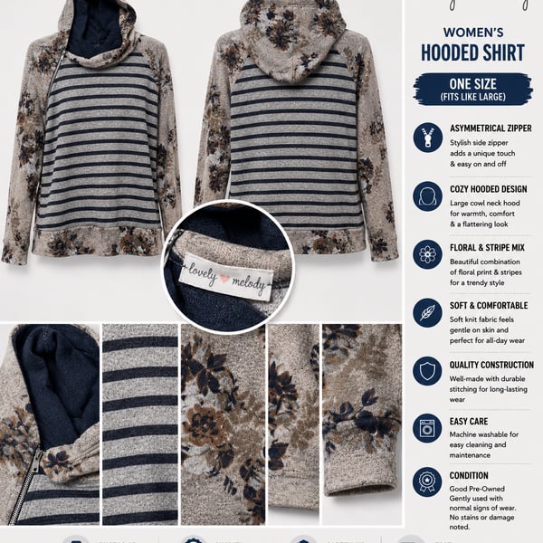 Lovely Melody Women's Floral and Stripe Print Asymmetrical Zipper Cowl Neck Hooded Shirt